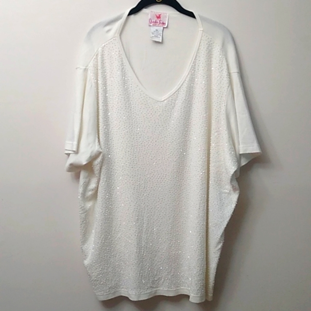 🎉HP🎉Quacker Factory Beaded S/S Top, White, 3X